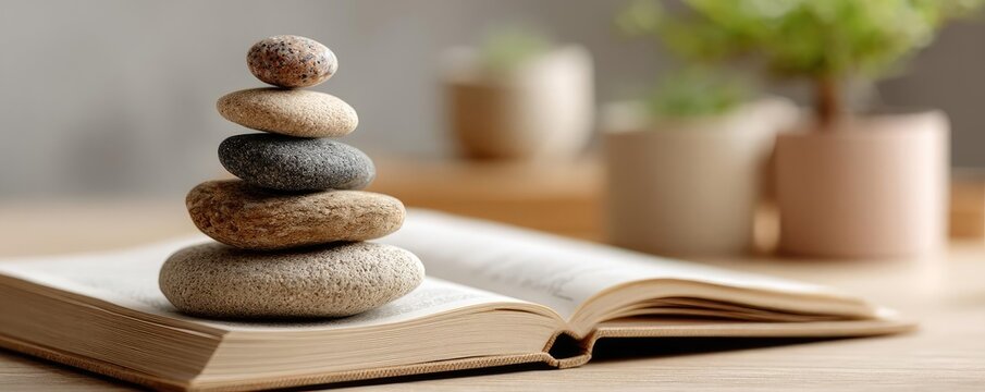 Peaceful finance for balance and long-term planning concept. A peaceful stack of stones resting on an open book.