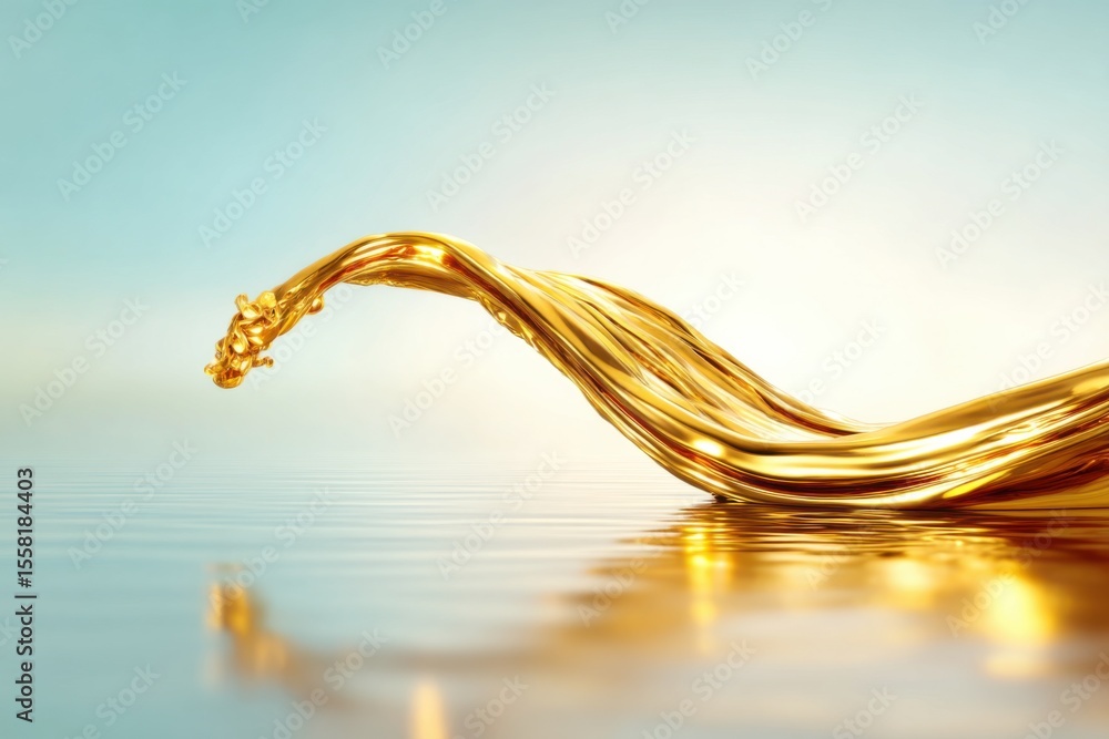 Poster a dynamic splash of golden liquid gracefully arcs above a reflective surface, capturing motion and l