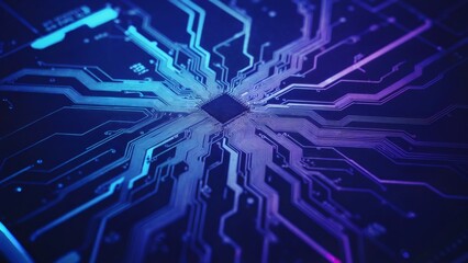Macro photograph of glowing blue and purple computer circuit board with metallic traces and futuristic cyberpunk lighting