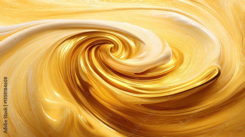 Poster swirling golden liquid with smooth, glossy texture creating a vibrant, dynamic spiral pattern.