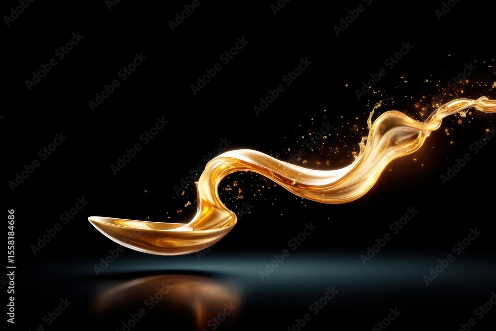 Poster A golden liquid splash elegantly flows from a spoon against a dark background, creating a dynamic and artistic visual effect.