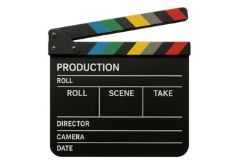 Obraz premium Movie clapperboard with colorful stripes on transparent background, ready to be used in any video editing software