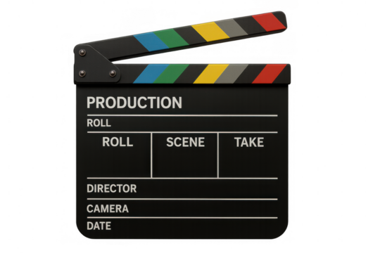 Movie clapperboard with colorful stripes on transparent background, ready to be used in any video editing software