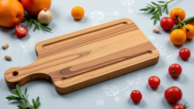 A wooden cutting board surrounded by fresh tomatoes, citrus fruits, herbs, garlic, and nuts on a patterned surface.
