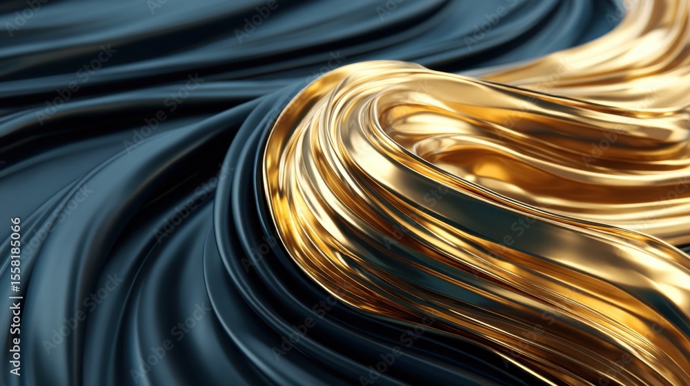 Poster flowing metallic gold and black abstract waves creating a smooth, glossy, and elegant design with dy