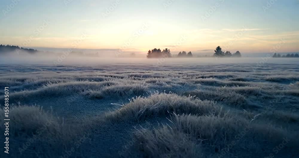 Aufkleber frost-covered landscape at dawn with mist hovering over a serene field and distant trees