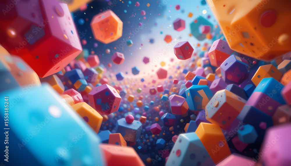 Poster a vibrant cascade of colorful dodecahedrons floats in space, creating a playful, dimensional design 