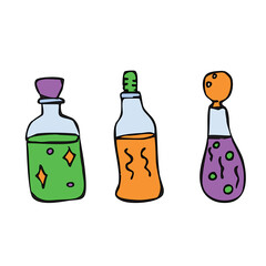 Three different colorful bottles of magic potion. Doodle-style vector illustration for postcards, logos, web pages. Vector illustration
