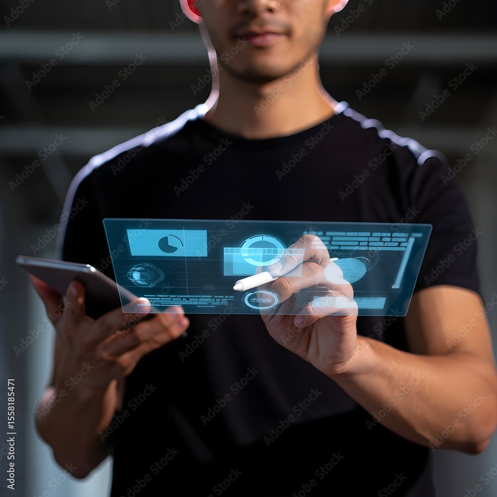 Poster man using stylus on futuristic transparent interface tablet screen, modern technology concept, dark 