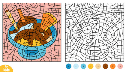 Obraz premium Color by number page for kids with a cartoon ice cream sundae. Vector coloring activity featuring three scoops, chocolate syrup, and wafer sticks.