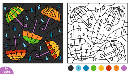 Color by number page for kids with cartoon autumn umbrellas and raindrops. Vector illustration for children