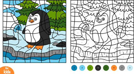 Color by number page for kids with cute cartoon penguin on winter background. Vector illustration for preschool or school activities.