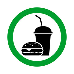 fast food allowed, burger and soft drink in green circle pictogram, free eating zone round vector icon