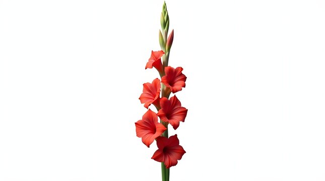 3D realistic rendering of a red Gladiolus flower isolated on a white background. Vertical floral spike with large, soft-petaled trumpet-shaped blossoms in natural colors.
