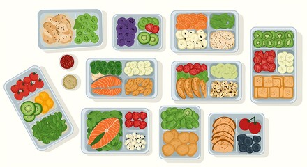 Naklejka premium A vibrant, top-down view of various meal prep containers filled with a colorful and balanced assortment of healthy foods like fruits, vegetables, proteins, and grains.