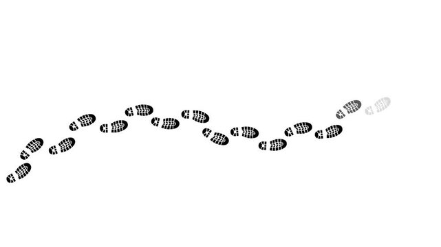 Human shoe footprint animation. Leaving shoes prints on the floor from left to right. Walk loop animation, graphic motion. Human steps footage video on white background. 4K. Flip-flops print. Animated