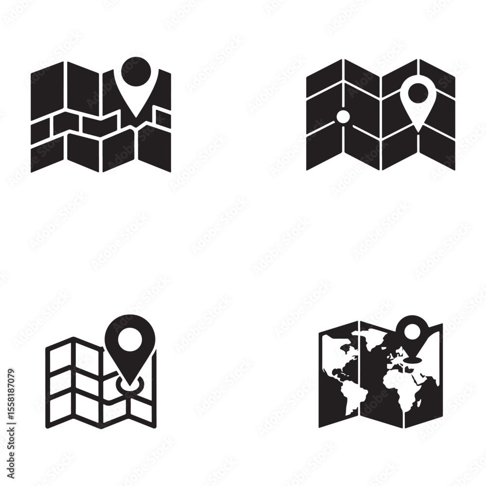 Poster four black map icons with location pins navigation