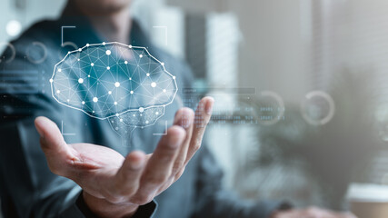 Artificial intelligence analytics technology. AI automation machine learning. Information data...