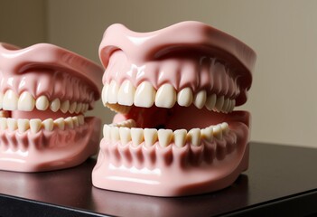 Obraz premium Close up of realistic anatomical dental jaw models displaying rows of white teeth and gums