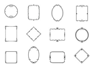 Vintage ornament frame. Decorative border frames, retro style divider. Elegant vintage frame and wedding ornaments Isolated icons vector set. Calligraphic filigree black ink borders collection