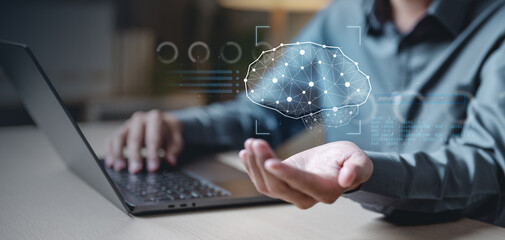 Artificial intelligence analytics technology. AI automation machine learning. Information data...