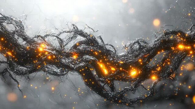 halloween concept. A complex tangle of dark, wire-like strands illuminated by glowing orange light orbs in a misty, abstract environment.