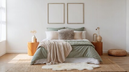 Scandinavian bedroom with soft sage green bedding white accents warm wood and sunlight in peaceful minimalist design