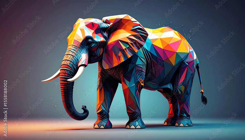 Poster a colorful, geometric representation of an elephant, showcasing vibrant hues and intricate patterns 