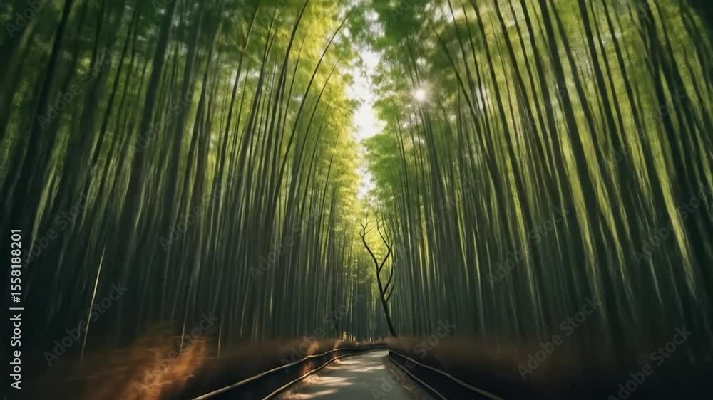 Poster sunlit path through dense bamboo forest, creating a tunnel effect with a single tree in the center