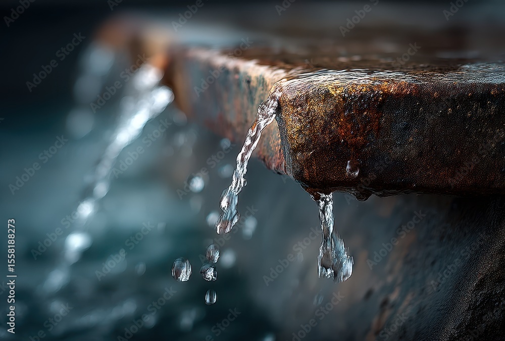 Poster close-up view of water dripping from an aged stone surface in a tranquil setting capturing the essen