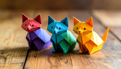 Colorful origami cats sit on a wooden surface, showcasing vibrant hues and playful designs, perfect for craft enthusiasts and cat lovers alike