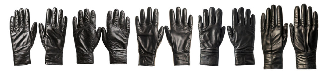 Assorted Stylish Black Leather Gloves for Fashion and Winter Wear, Isolated on Transparent, white background