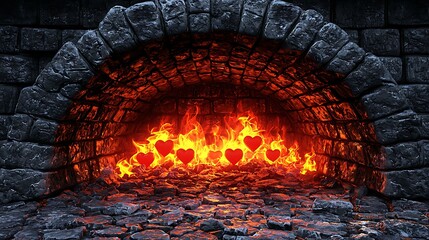 Flames and Hearts in a Stone Fireplace Create a Romantic and Cozy Atmosphere