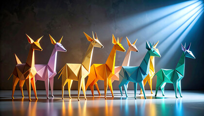 Colorful origami deer stand in a row, illuminated by soft light, showcasing artistic craftsmanship and creativity in paper art
