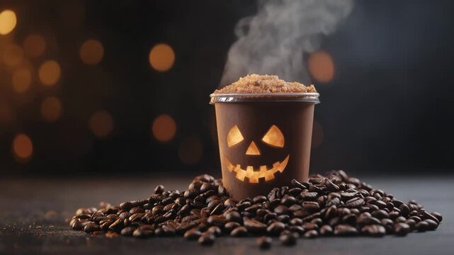 halloween concept. A steaming cup with a jack-o'-lantern face surrounded by coffee beans against a warm, glowing background.