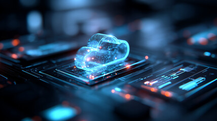 A holographic cloud core materialises atop a microprocessor, reflecting edge-to-cloud convergence and the miniature data centers embedded in tomorrow’s devices.
