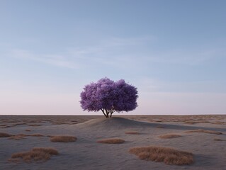 A surreal and minimalist landscape featuring a single, vibrant purple tree standing alone on a small hill in a vast, barren desert