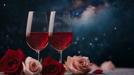 Romantic Evening with Red Rose Flowers and Sparkling Wine Glasses Against Cosmic Background