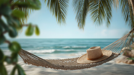 Serene Coastal Respite: A sun-drenched scene unveils a tranquil hammock swaying gently beneath the shade of palm fronds, a straw hat rests invitingly.