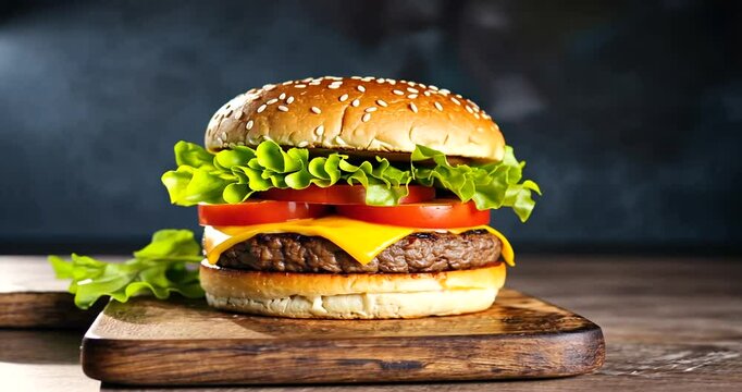 Juicy cheeseburger with fresh lettuce, tomato, and sesame seed bun on a rustic wooden board