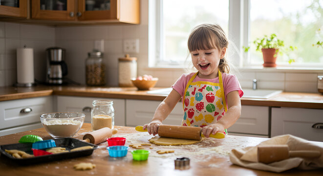 A child happily rolling dough in a kitchen