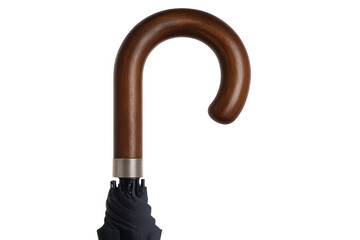 Polished wooden umbrella handle, intricate carving details highlighting artisan craftsmanship against clean transparent backdrop
