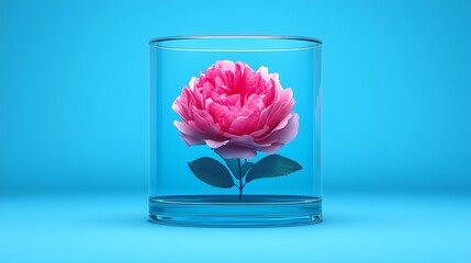 Delicate Pink Rose Encased in Glass on Vibrant Blue Background for Floral Photography