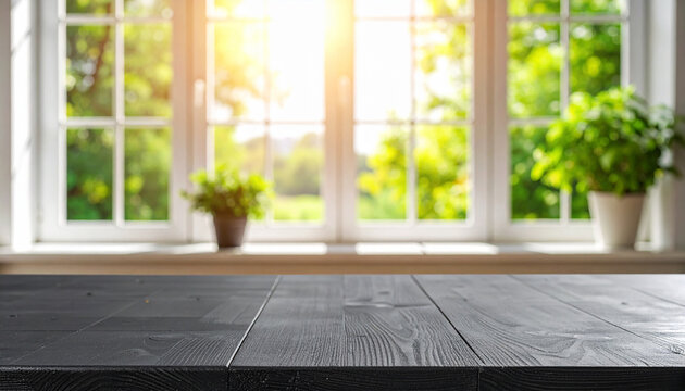 Close-up of an empty table where you can display food against a bright window background with the morning sun.