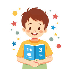 Happy boy reading a math book with colorful shapes, educational fun