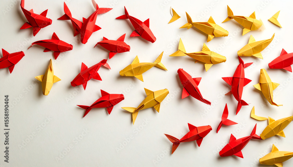 Poster colorful origami fish in red and yellow are arranged artfully on a light background, creating a play