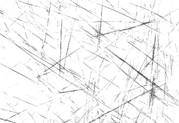 Distressed scratched line texture vector. Grunge overlay background with edgy chaotic strokes. Black abstract scratch effect on white surface.