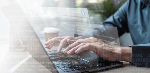 Software development business concept. Programmer coding computer. Developer programming web...