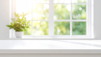 Close-up of an empty table where you can display food against a bright window background with the morning sun.