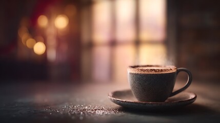 Fototapeta premium Cozy Coffee Cup with Steam and Soft Background Bokeh in a Warm Environment